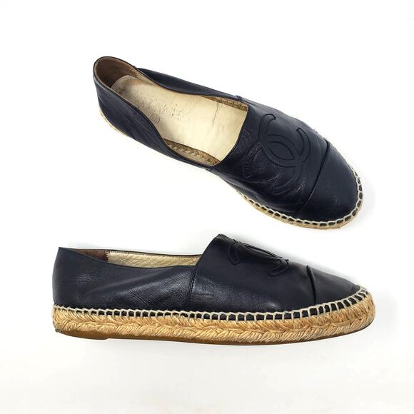 Chanel Espadrilles Lambskin Cap Toe Double Stack Cc Flats Slip-On Black  39 US9 - Picture 1 of 14